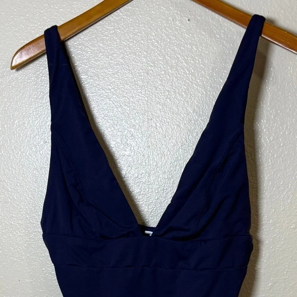 Andie Women One Piece Swimsuit Large‎ Navy Blue Deep V Neck Minimalist Coastal